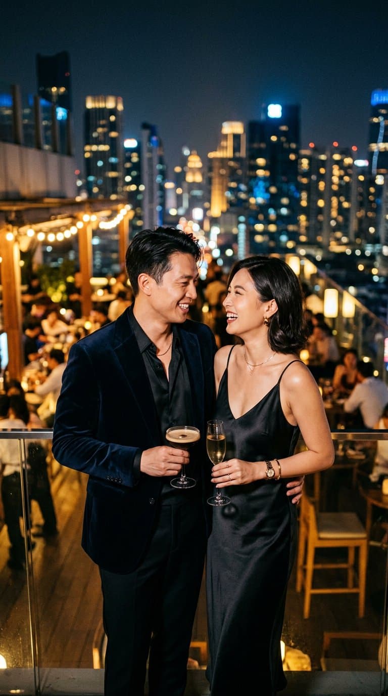 Couple laughing at a rooftop bar at night