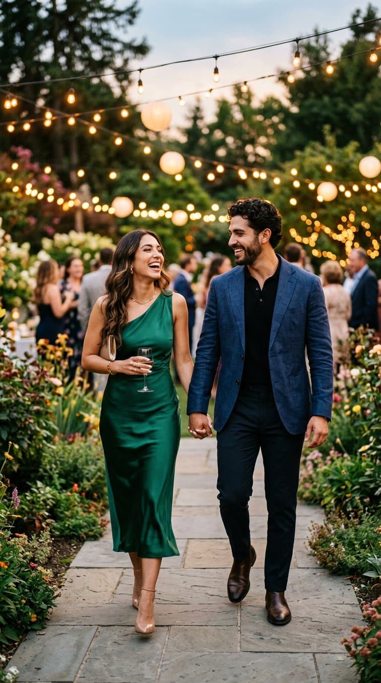 Couple walking hand in hand through a garden party